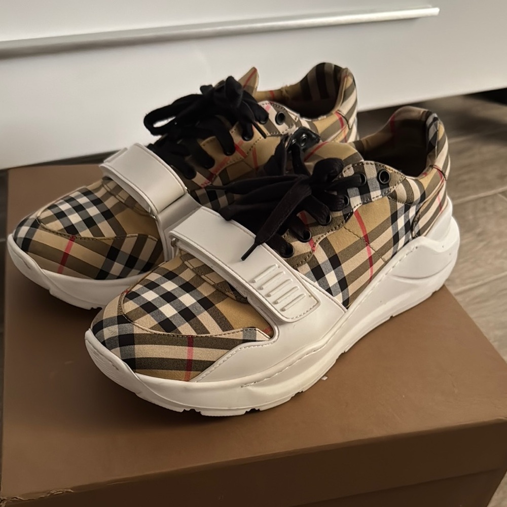 Burberry Beige and Black Plaid Sneakers